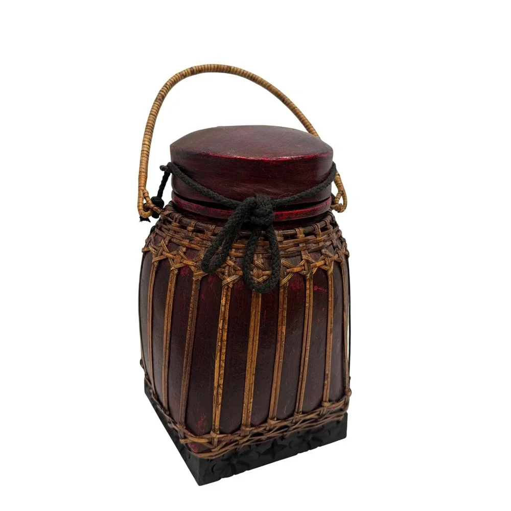 Thai Rice Basket Decorative Woven Bamboo Wood Red Black Bohemian Handcrafted